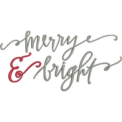 An embroidery design of the phrase "Merry & Bright" featuring elegant lettering in gray with a standout red ampersand.