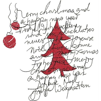An embroidery design of a red Christmas tree accompanied by festive text and a decorative ornament.