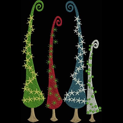An embroidery design of four whimsical, tall trees in varying colors adorned with decorative stitches and patterns.