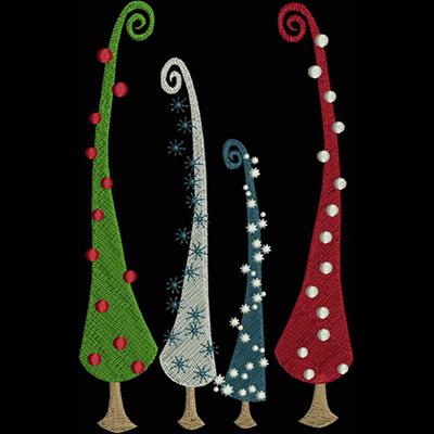 An embroidery design of four whimsical, colorful trees adorned with ornaments and snowflakes.