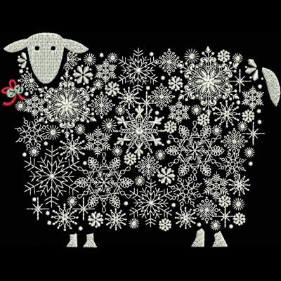 An embroidery design of a sheep composed entirely of intricately detailed snowflakes and adorned with a small red bow.