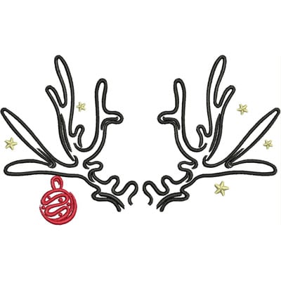 An embroidery design of decorative reindeer antlers featuring a red ornament and small stars.
