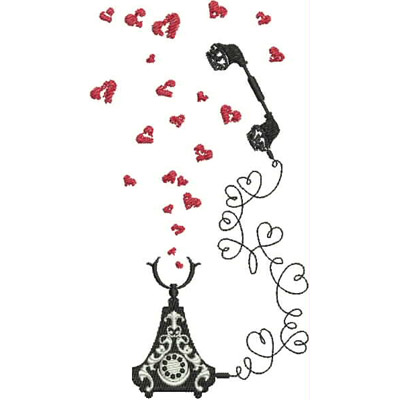 An embroidery design of a vintage telephone with a curled cord and floating red hearts.