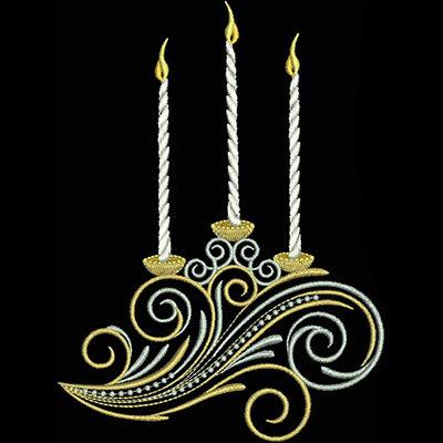 An embroidery design of three intricately crafted candles surrounded by elegant swirls and flourishes.