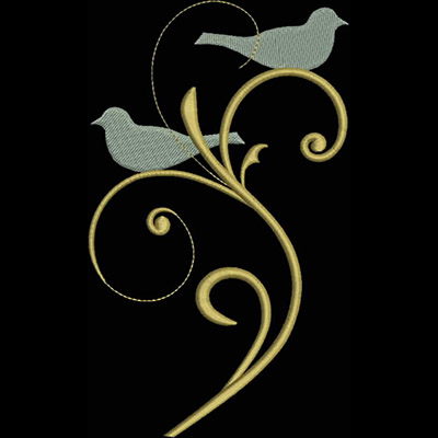 An embroidery design of two stylized birds perched amidst elegant swirling vines.