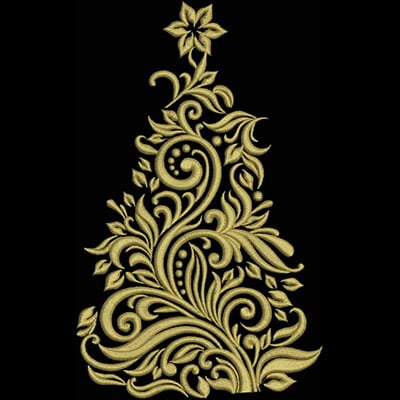An embroidery design of an ornate, floral-patterned Christmas tree with swirling vines and leaves in a golden thread.