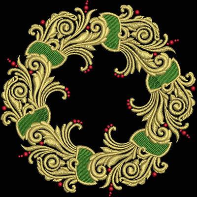 An embroidery design of a decorative circular wreath featuring intricate golden swirls, green ribbon-like elements, and small red accents.