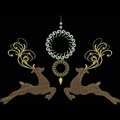 An embroidery design of two playful reindeer with decorative swirls and an ornament hanging above them.