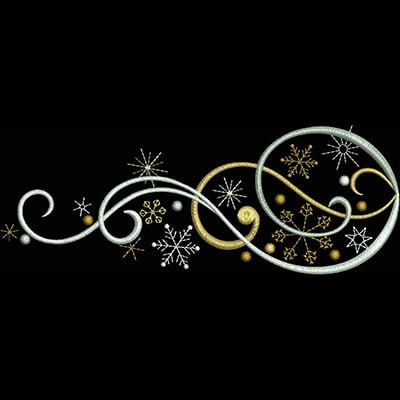 An embroidery design of swirling silver and gold lines adorned with snowflakes and sparkling stars.