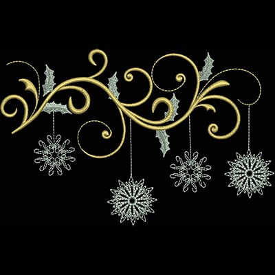 An embroidery design of elegant swirling vines adorned with holly leaves and intricately detailed snowflakes hanging below.