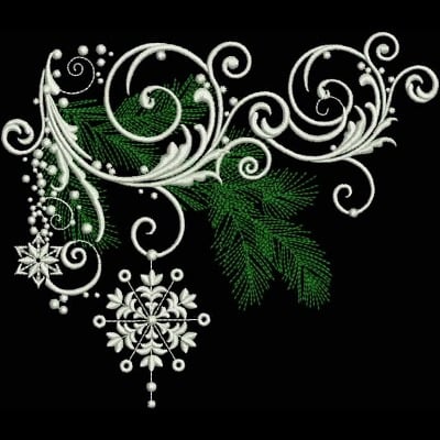 An embroidery design of intricate swirls and foliage featuring a snowflake and decorative beads, combining elegant white and green elements.