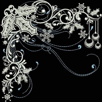 An embroidery design of elegant holly leaves, swirling vines, and delicate snowflakes combined with charming ornament shapes.