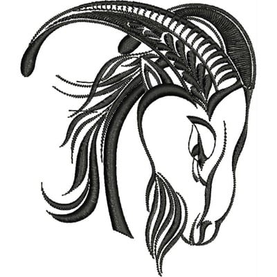 An embroidery design of a stylized horse's head featuring intricate flowing mane and horn-like details.