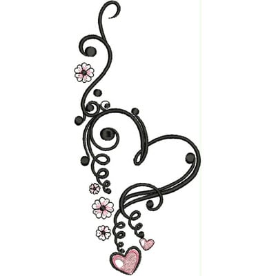 An embroidery design of a swirling heart intertwined with delicate flowers and smaller hearts.