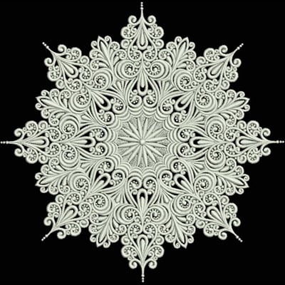 An embroidery design of an intricate snowflake shape featuring swirling patterns and floral motifs radiating from a central point.