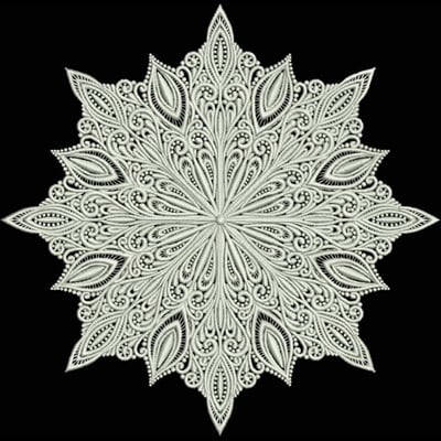 An embroidery design of an intricate snowflake-like pattern featuring detailed leaf shapes and swirls radiating symmetrically from the center.