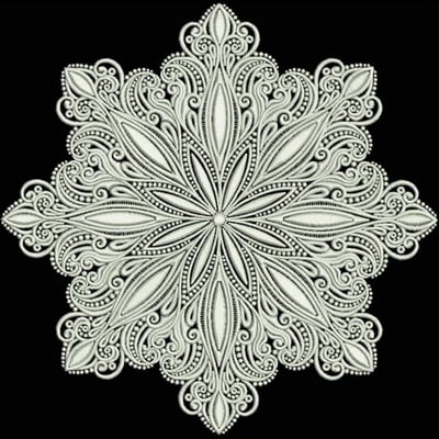 An embroidery design of an intricate, symmetrical floral motif featuring swirling lines and delicate detailing arranged in a star shape.