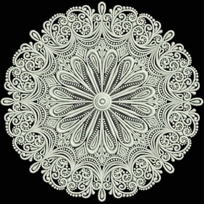 An embroidery design of an intricate circular pattern featuring swirling motifs and radiating elements, creating a lace-like effect.