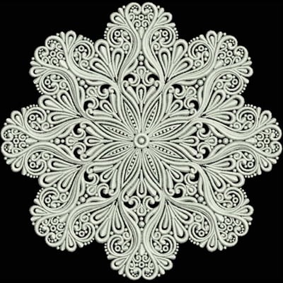 An embroidery design of an intricate snowflake shape featuring elegant swirls and floral motifs, all rendered in a single light color.