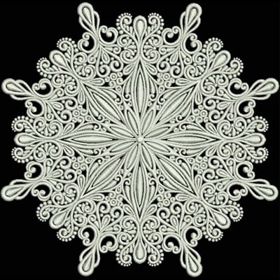 An embroidery design of an intricate, symmetrical snowflake featuring swirling patterns and delicate loops.
