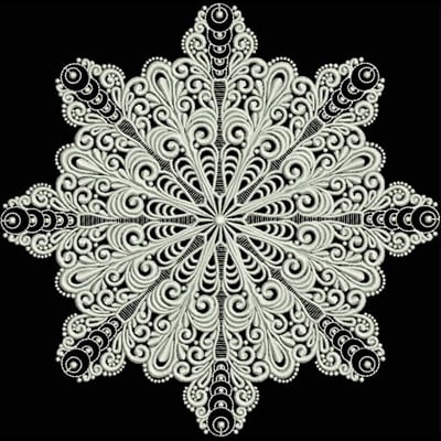 An embroidery design of an intricately detailed snowflake featuring flowing lines and symmetrical patterns in contrasting shades.
