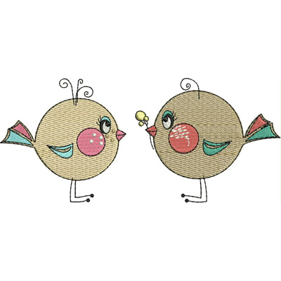 An embroidery design of two cute, round birds with playful expressions, one holding a small flower, each featuring colorful accents.