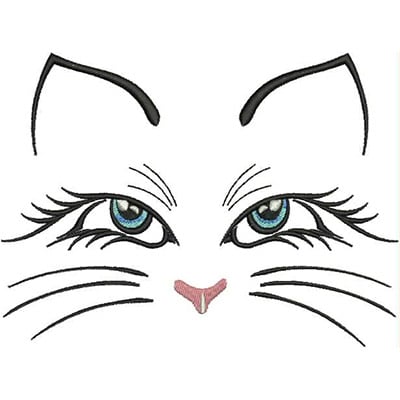 An embroidery design of a cat's face featuring large, expressive blue eyes, prominent whiskers, and distinctive ears.