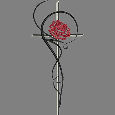 An embroidery design of a cross entwined with flowing black lines and a vibrant red rose.