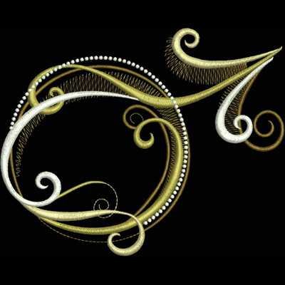 An embroidery design of intricate swirling patterns featuring elegant lines in gold, white, and textured details.
