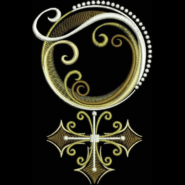 An embroidery design of an ornate symbol featuring swirling patterns and a decorative cross below, created in elegant gold and white threads.