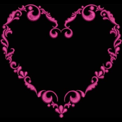 An embroidery design of an ornate heart shape intricately decorated with flowing curls and floral motifs in vibrant pink.