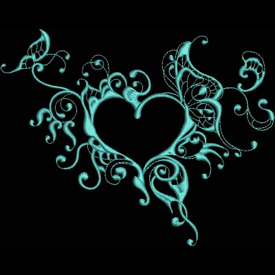 An embroidery design of a whimsical heart surrounded by intricate swirls and floral motifs in a turquoise color.