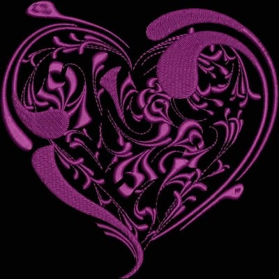 An embroidery design of a stylized heart intricately filled with swirling floral patterns in shades of purple.