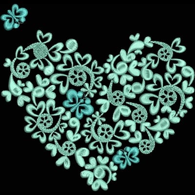 An embroidery design of a heart composed of various floral elements and playful shapes in shades of turquoise.
