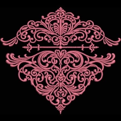 An embroidery design of intricate pink floral swirls and ornate patterns forming a symmetrical shape.