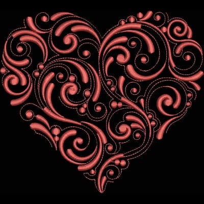 An embroidery design of a beautifully intricate heart adorned with swirling patterns and floral elements in a rich red hue.