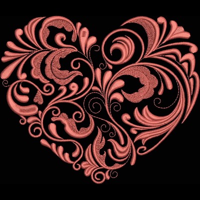 An embroidery design of a beautifully intricate heart shape featuring swirling patterns and floral motifs in a soft coral hue.