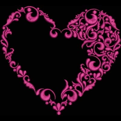 An embroidery design of a decorative heart shape intricately filled with swirling floral motifs in vibrant pink.