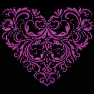 An embroidery design of an intricate purple heart featuring elegant floral and swirling patterns.