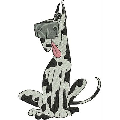 An embroidery design of a playful Great Dane sitting with its tongue out and a humorous expression, featuring a patchy black and white coat.