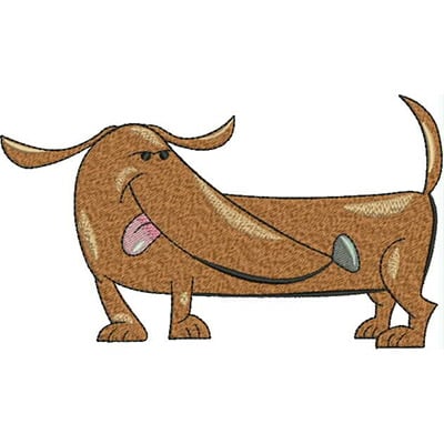 An embroidery design of a playful brown dog with a long body, floppy ears, and a cheeky expression, sticking out its tongue.