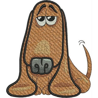 An embroidery design of a floppy-eared brown dog with a playful expression and a wagging tail.