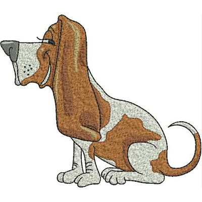 An embroidery design of a happy basset hound sitting with its signature long ears and distinctive coat patterns.