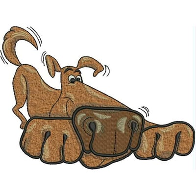 An embroidery design of a playful, cartoon-style dog with exaggerated features, showcasing its large paws and happy expression.
