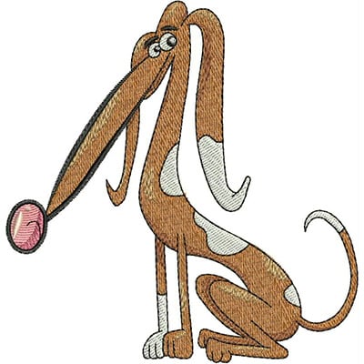 An embroidery design of a cartoonish dog with a long nose and floppy ears, sitting down and playfully looking to the side.