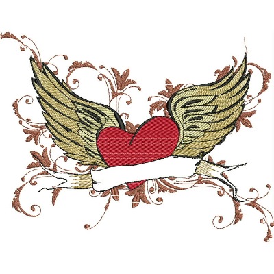 An embroidery design of a red heart with golden wings, surrounded by ornate floral elements and a blank ribbon banner.