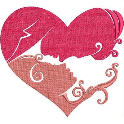 An embroidery design of two stylized faces forming a heart shape with intricate swirls and bold colors.