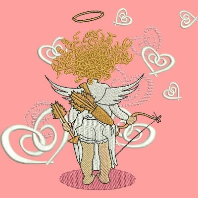 An embroidery design of a whimsical angel with large curly hair, holding a bow and arrows, adorned with heart motifs.