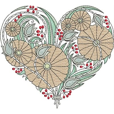 An embroidery design of a heart-shaped arrangement featuring large beige flowers, delicate green leaves, and accented with small red berries.