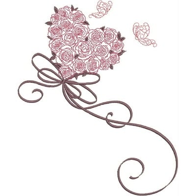 An embroidery design of a heart made of pink roses, adorned with a flowing ribbon and delicate butterflies.